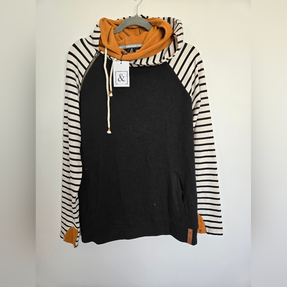 AMPERSAND AVE Black and Orange Striped Hoodie